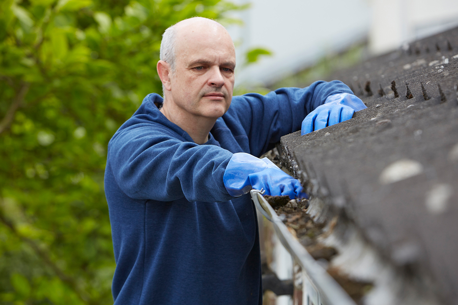 man clearing leaves from guttering of house